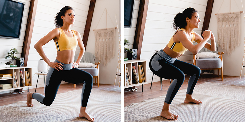woman doing a lunge and a squat at home