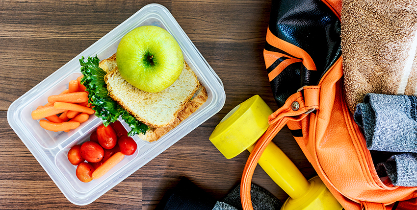 healthy lunch next to a gym bag
